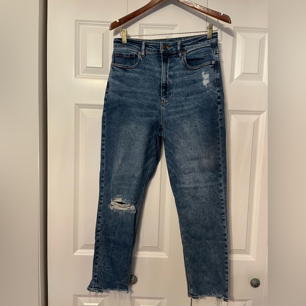 American Eagle Outfitters Dark Blue Distressed Highest Rise Mom Jeans